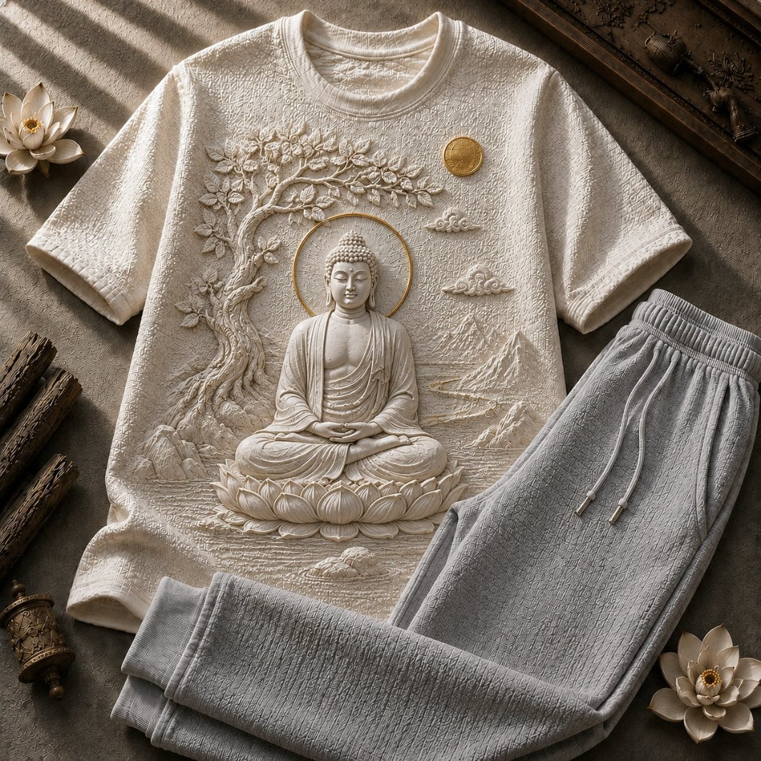 Buddha Serenity White T-Shirt with Ash Grey Trackpant Combo