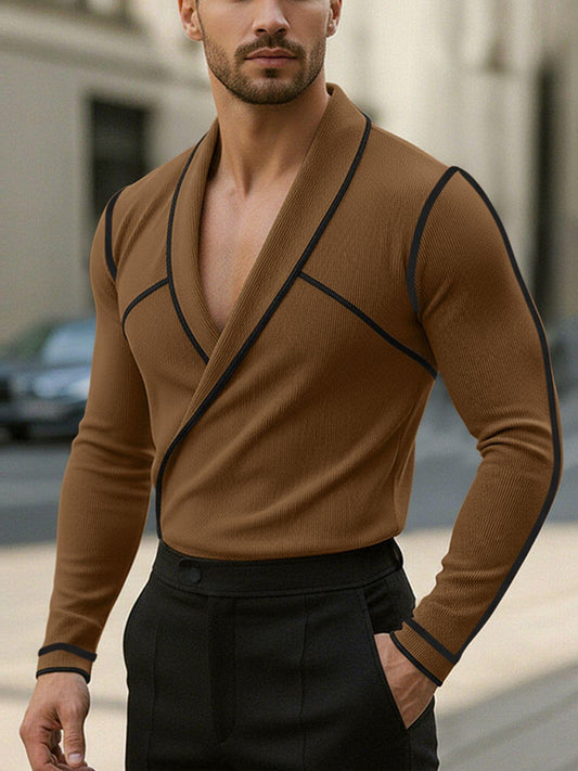 INCERUN Men'S Casual V-Neck Long Sleeve T-Shirt with Color Block Design for Outdoor And Street Leisure