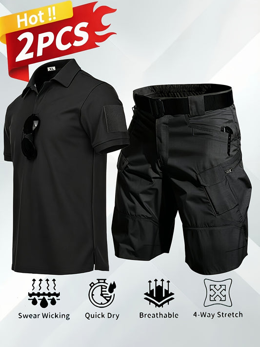 2pcs Men'S Solid Color Summer Set, Outdoor Sports Collared Polo Shirt And Fashion Multi-Pocket Shorts Outfit, Quick-Dry Collared Short Sleeve, Breathable And Comfortable, Suitable for Outdoor Work Training, Casual Camping