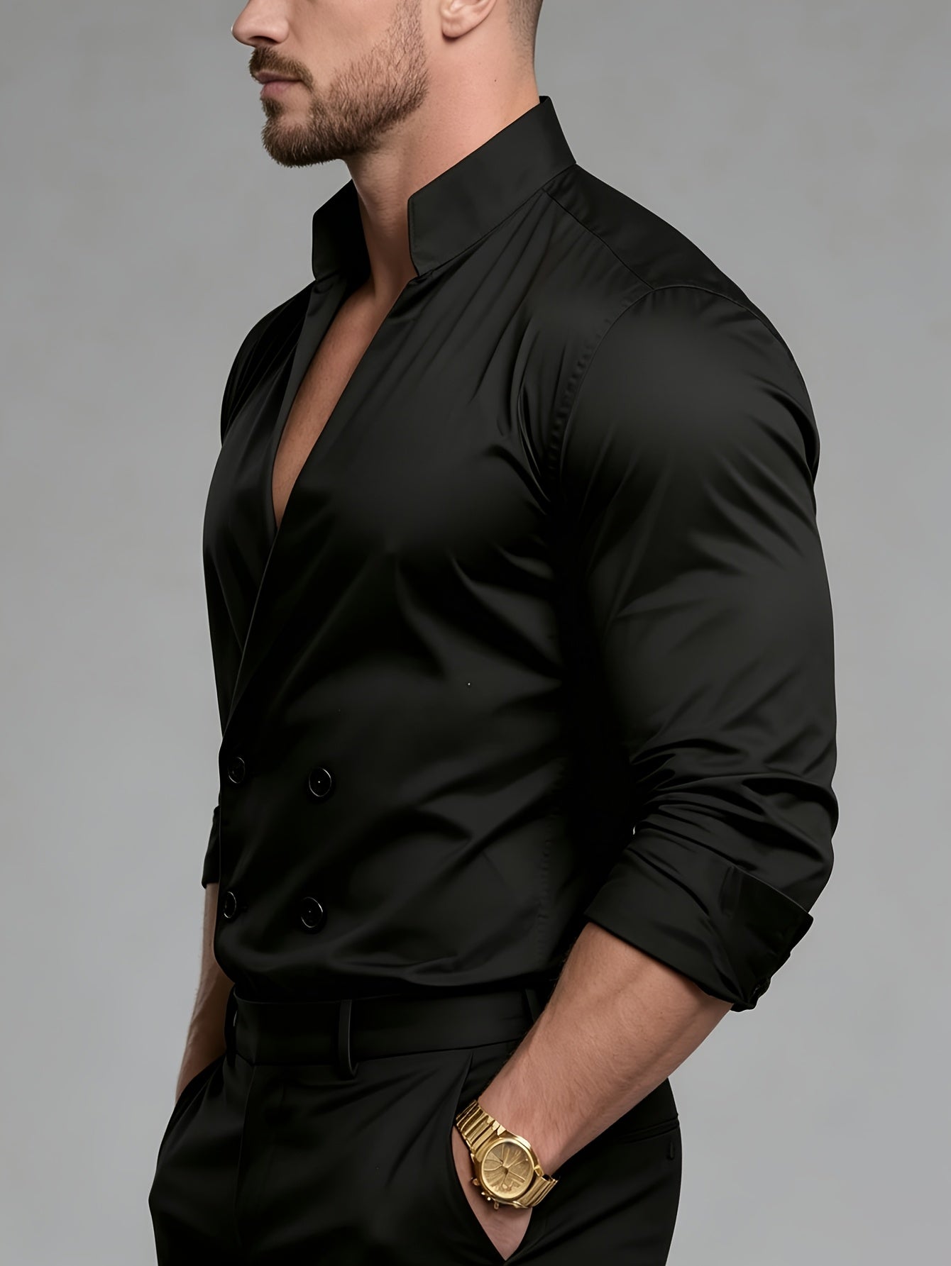 Western Double-Breasted Men'S Stand-Up Collar Shirt Long Sleeve Bad Boy Premium Solid Color Slim Fit Dress Shirt V-Neck Top Jacket