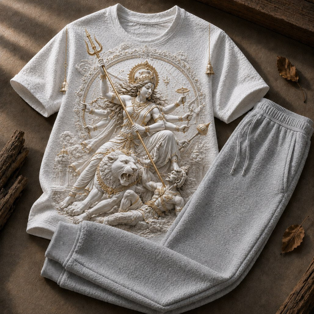 Durga Matha White T-Shirt and Light Grey Trackkpant Combo