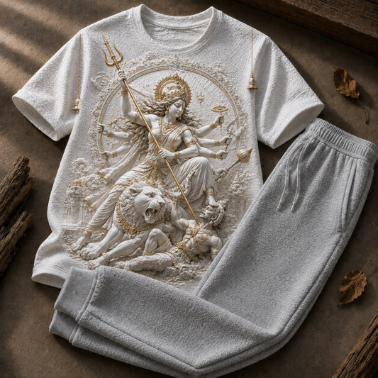 Durga Matha White T-Shirt and Light Grey Trackkpant Combo