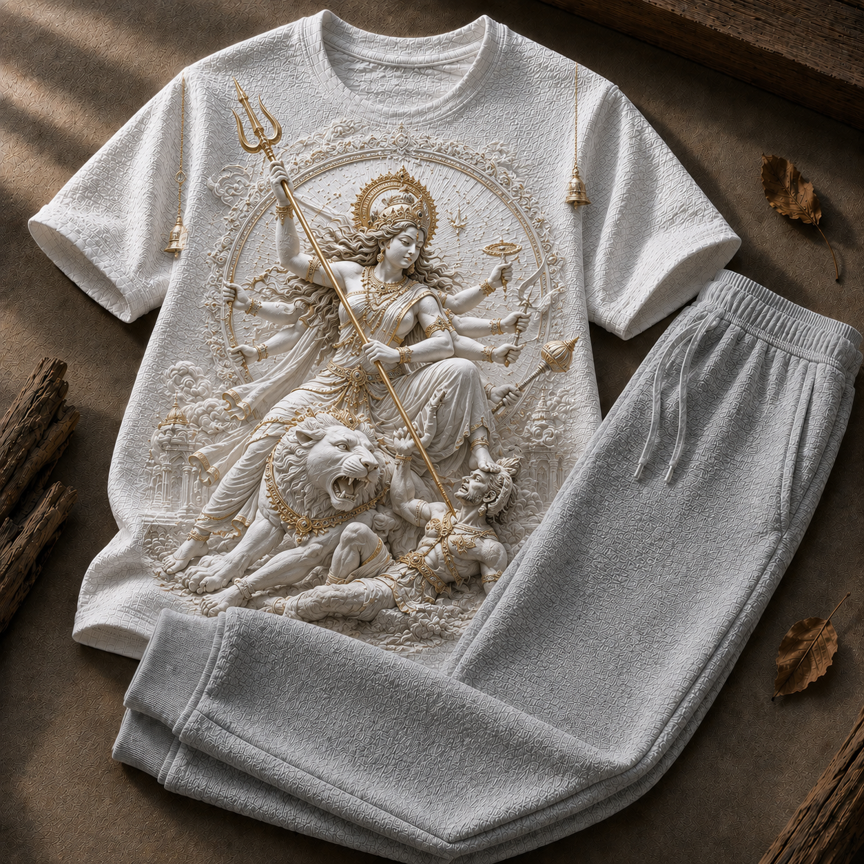 Durga Matha White T-Shirt and Light Grey Trackpant Combo