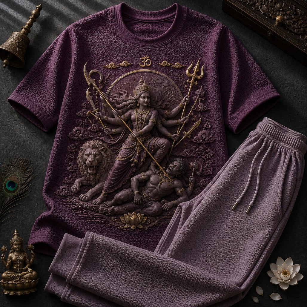 Goddess Durga Warrior Purple T-Shirt with Light Lavender Trackpant Combo