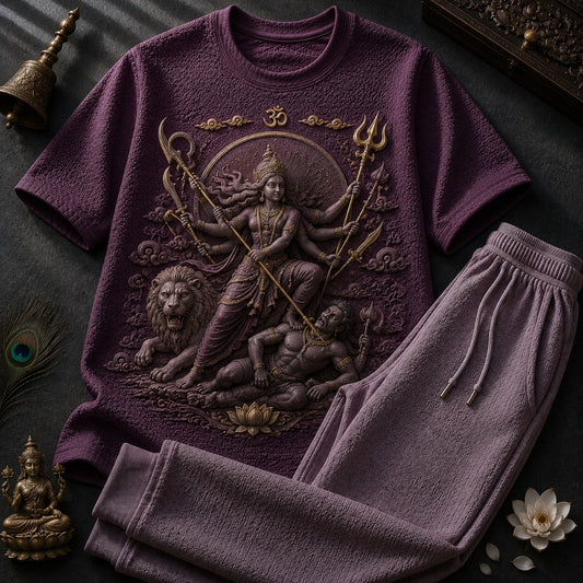 Goddess Durga Warrior Purple T-Shirt with Light Lavender Trackpant Combo