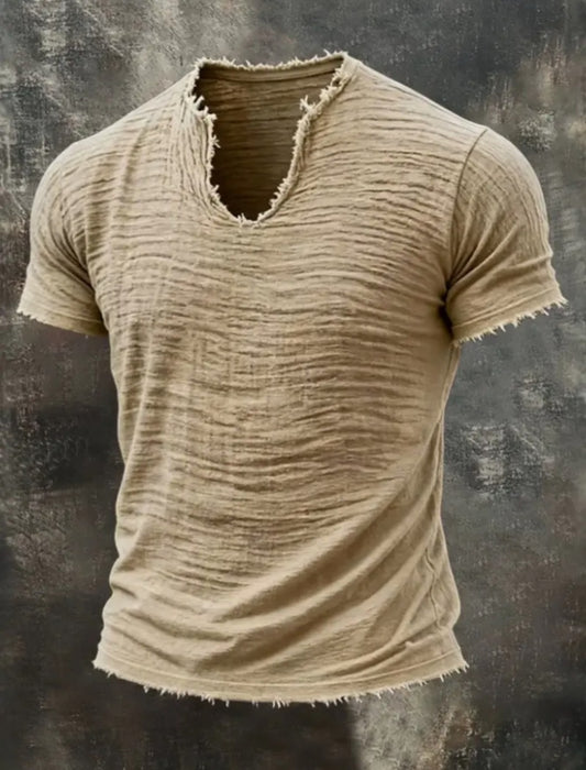 New Casual Style Solid Color Frayed V-Neck T-Shirt