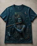 Lord Krishna Celestial Melody Teal Blue T-Shirt