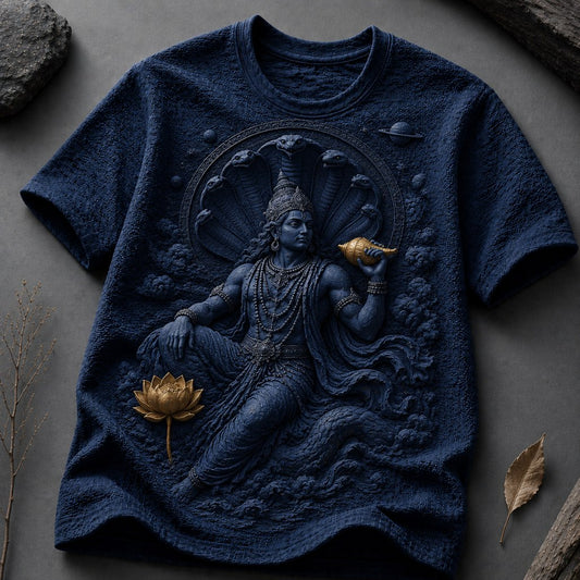 Lord Vishnu Celestial Lotus Navy Blue T-Shirt