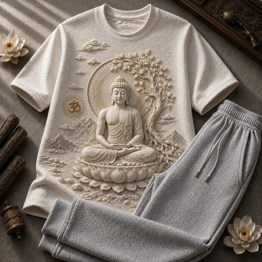 Lord Buddha Serenity Ivory White T-Shirt with Light Grey Trackpant Combo