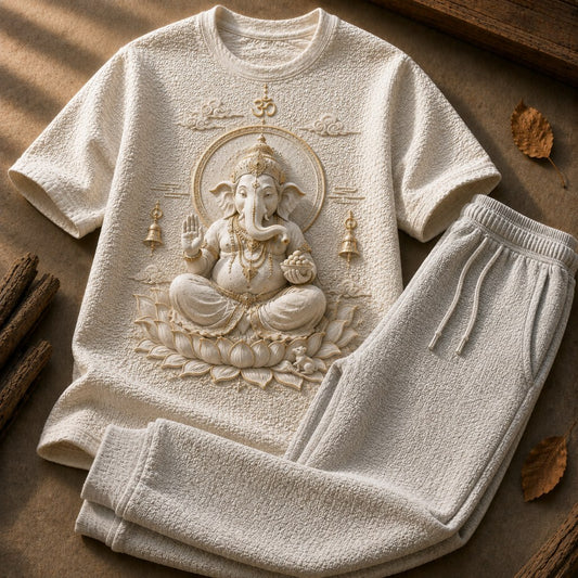 Lord Ganesha Blessings Ivory White T-Shirt with Light Grey Trackpant Combo