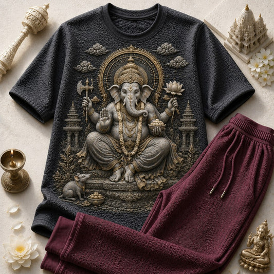 Lord Ganesha Royal Black T-Shirt with Maroon Trackpant Combo