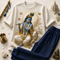 Lord Krishna Golden Flute Beige T-Shirt with Navy Blue Trackpant Combo