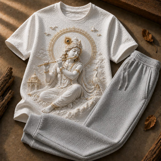 Lord Krishna Serenity White T-Shirt with Light Grey Trackpant Combo