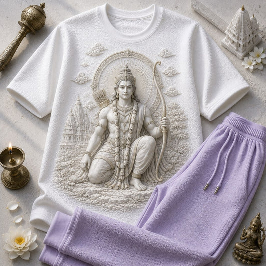 Lord Rama Calm Aura White T-Shirt with Lavender Trackpant Combo