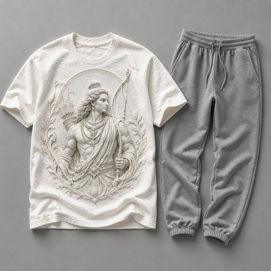 Lord Rama Divine Blessings White T-Shirt with Light Grey Trackpant Combo