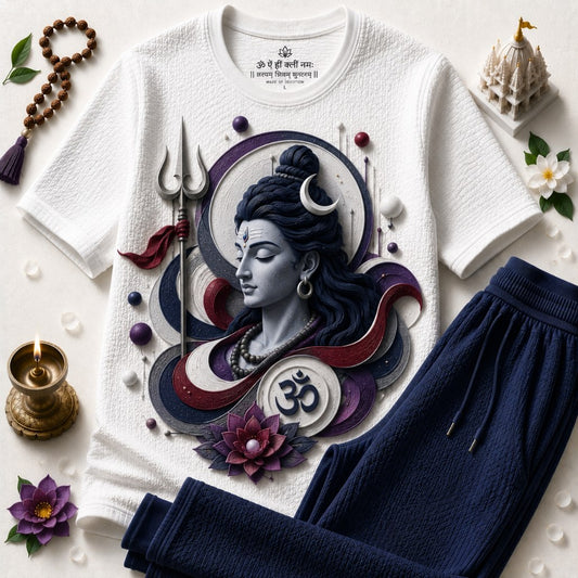 Lord Shiva Divine Aura White T-Shirt with Navy Blue Trackpant Combo