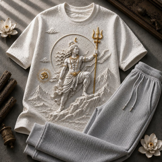 Lord Shiva Mystic Power White T-Shirt with Ash Grey Trackpant Combo