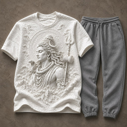 Lord Shiva Sacred Face White T-Shirt with Grey Trackpant Combo