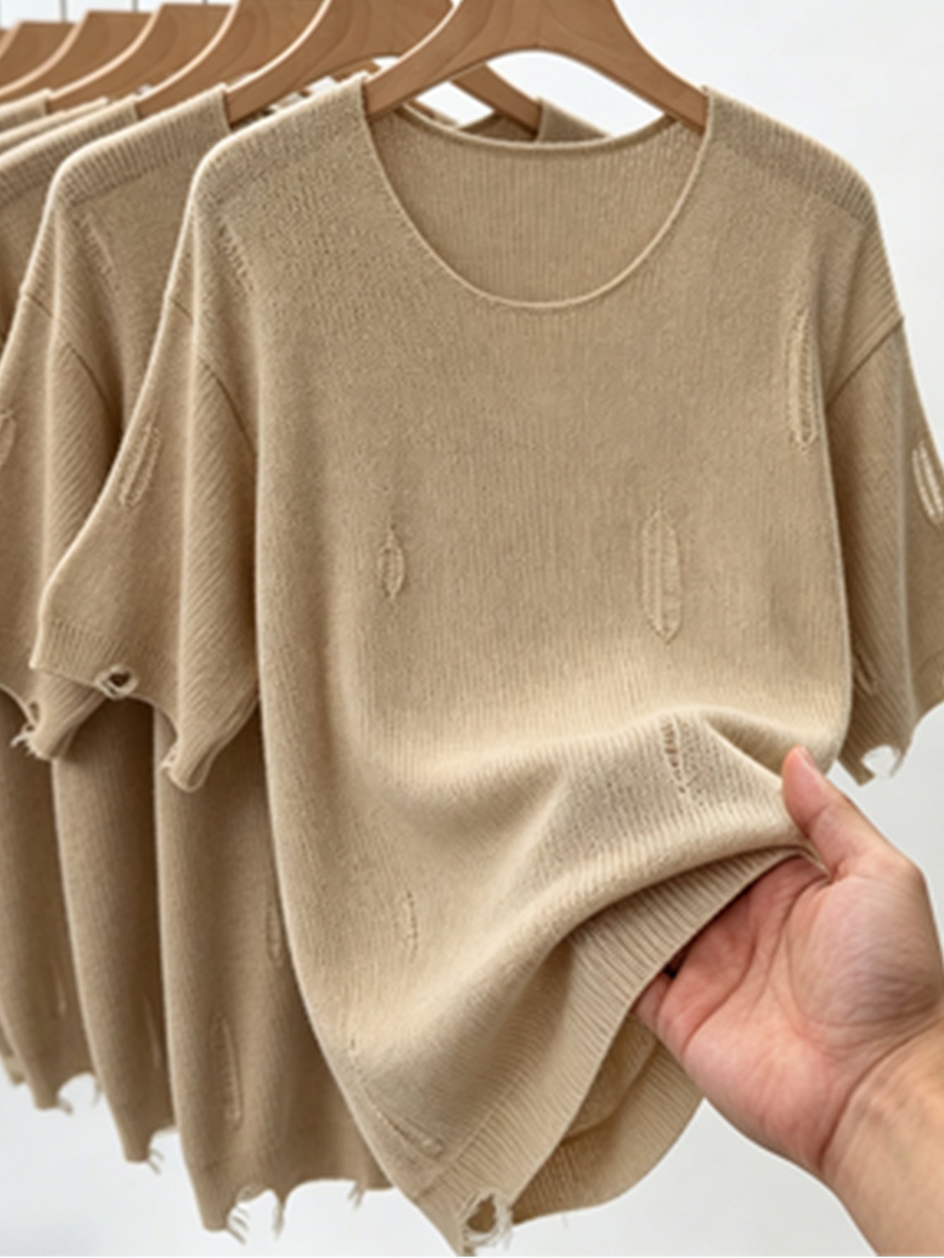 2026 New Lazy Style Ripped Knit Top Loose Hollowed-Out Raw Edge Short-Sleeved Summer Breathable Cardigan