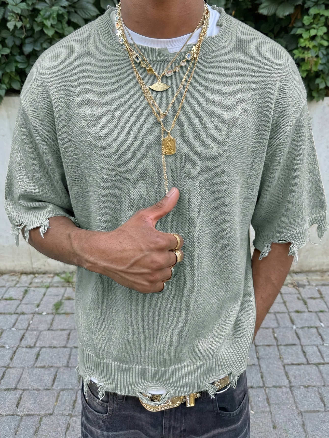 Men's Spring/Summer Minimalist Korean Style Ripped Fringe Breathable Loose Fit Knit Top