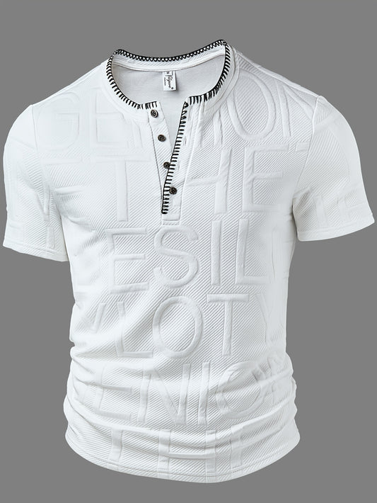 Men's Fashion Top, Spring/Summer Casual Textured Jacquard Fabric, Color Block Round Neck Single-Breasted Short Sleeve Men's Henley Shirt
