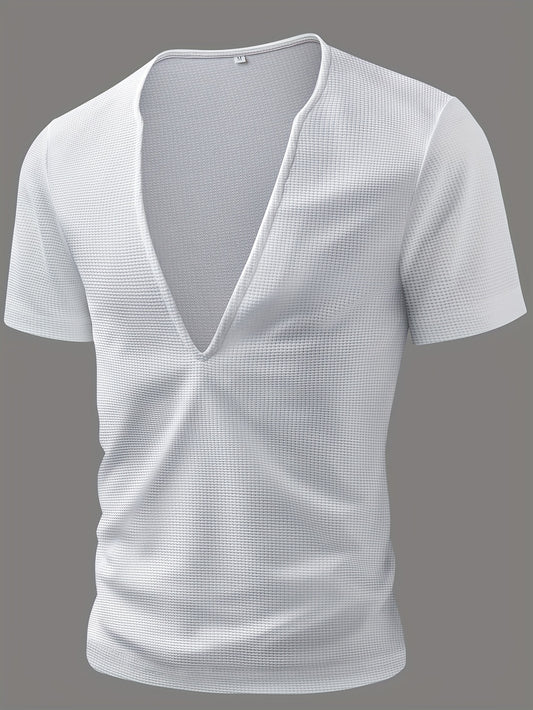 Men'S Textured Waffle Deep V-Neck Short Sleeve Fashion Outdoor Casual Top