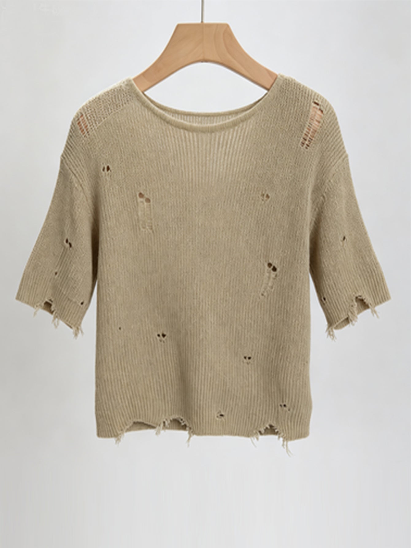 2026 New Lazy Style Ripped Knit Top Loose Hollowed-Out Raw Edge Short-Sleeved Summer Breathable Cardigan