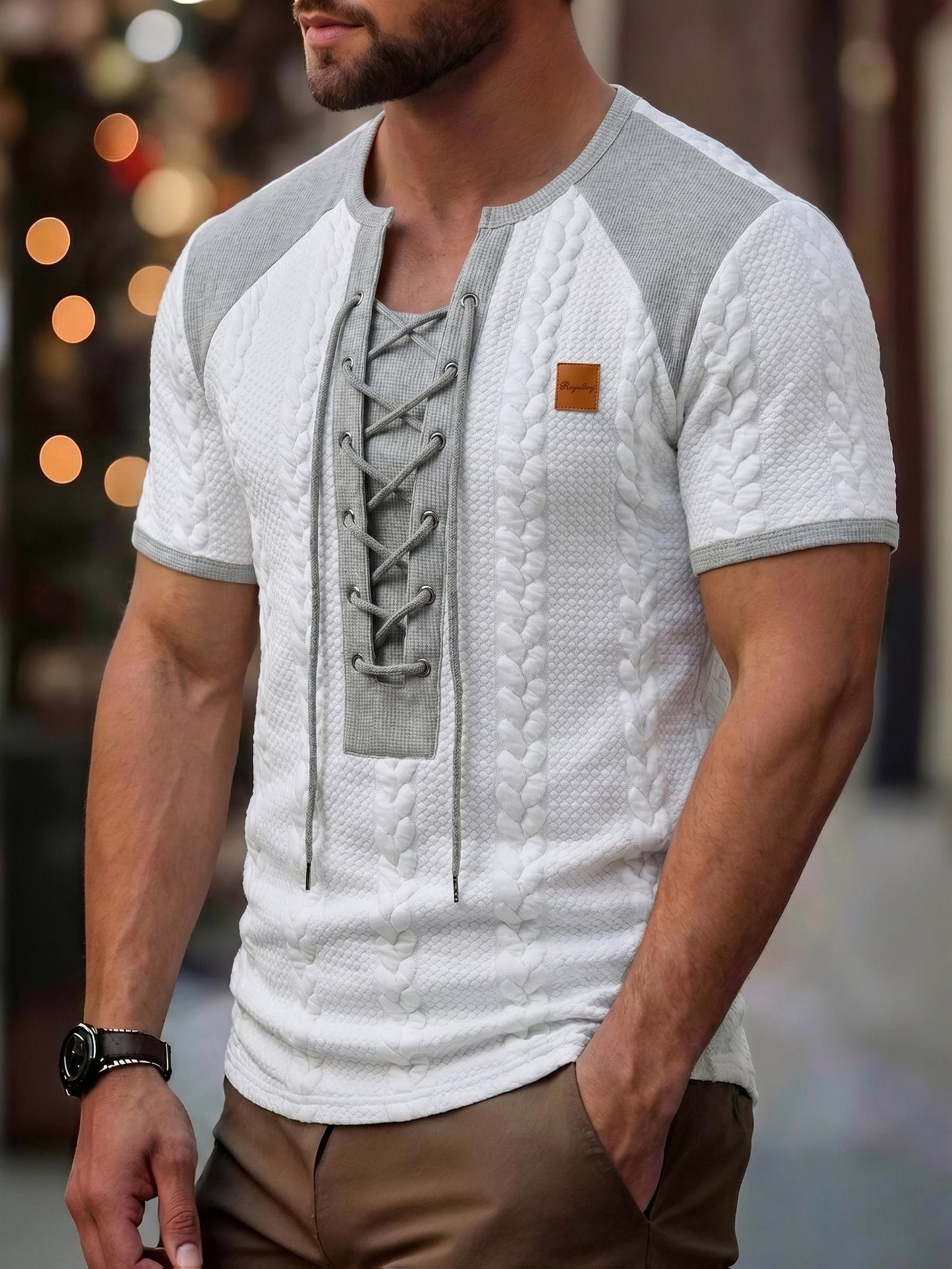 Men's Henley Summer Color-Block Henley Shirt - Soft Casual, Perforated Drawstring Collar