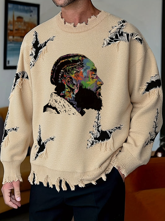 Men's Casual Crew Neck Knit Sweater with Artistic Graffiti Portrait Loose Fit, Ripped Details, Long Sleeve