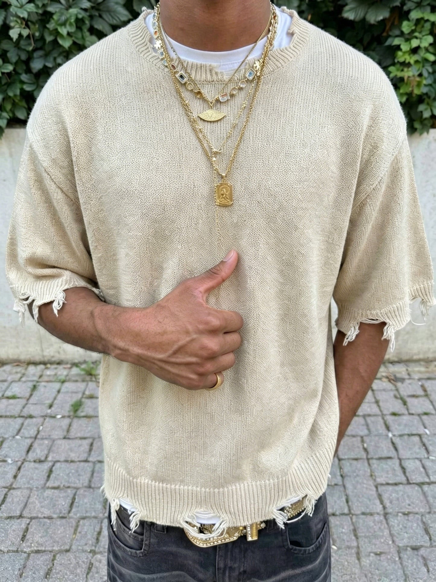 Men's Spring/Summer Minimalist Korean Style Ripped Fringe Breathable Loose Fit Knit Top