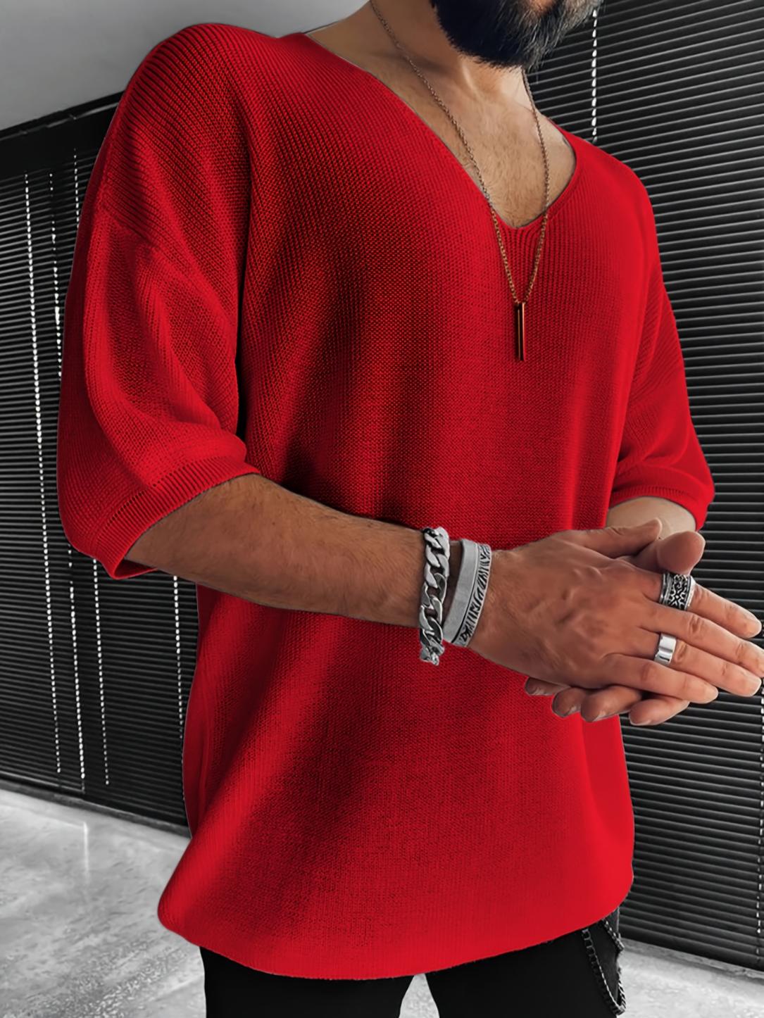 Men's Loose-Fit V-Neck Knit Short-Sleeve Pullover