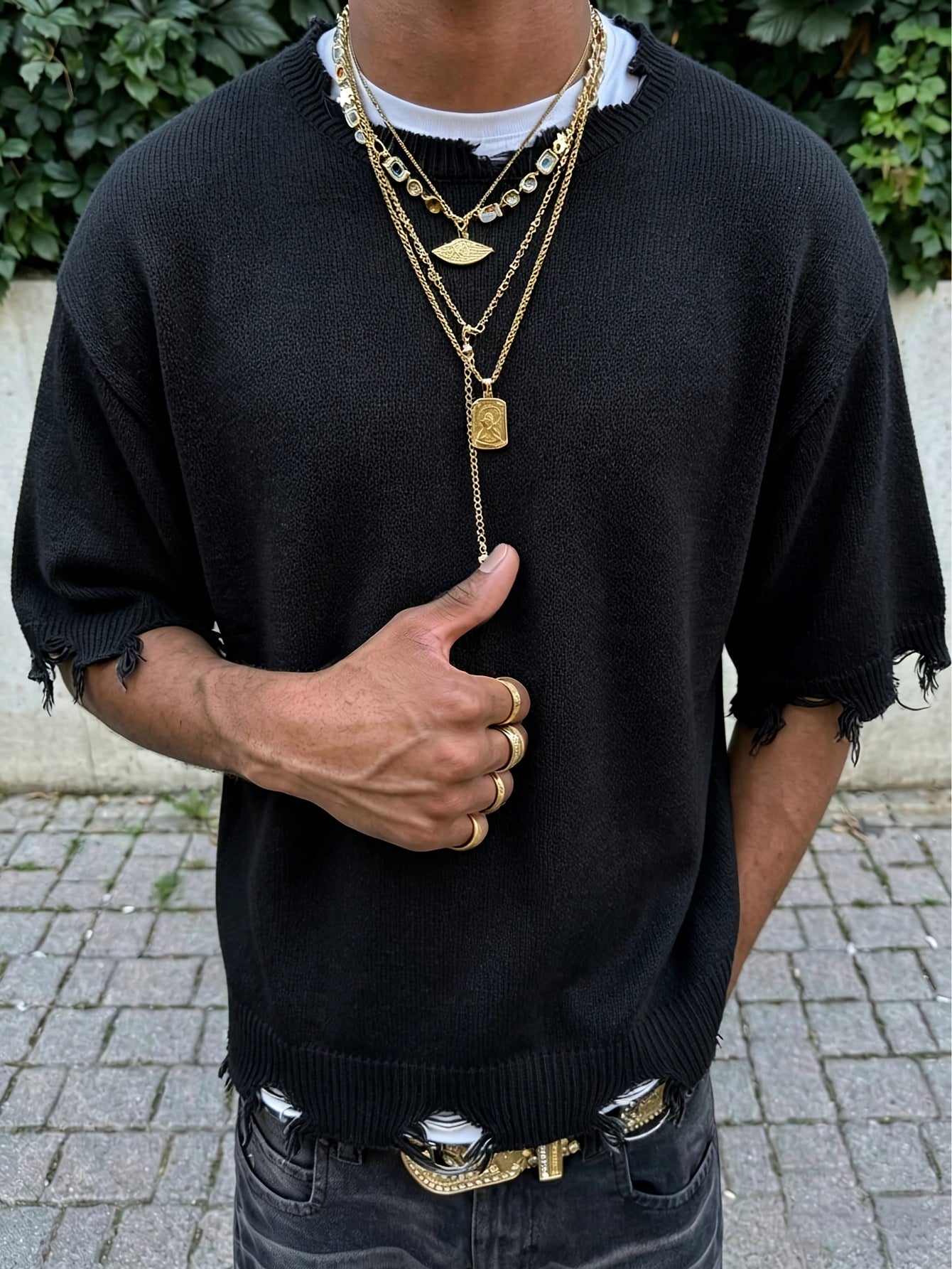 Men's Spring/Summer Minimalist Korean Style Ripped Fringe Breathable Loose Fit Knit Top