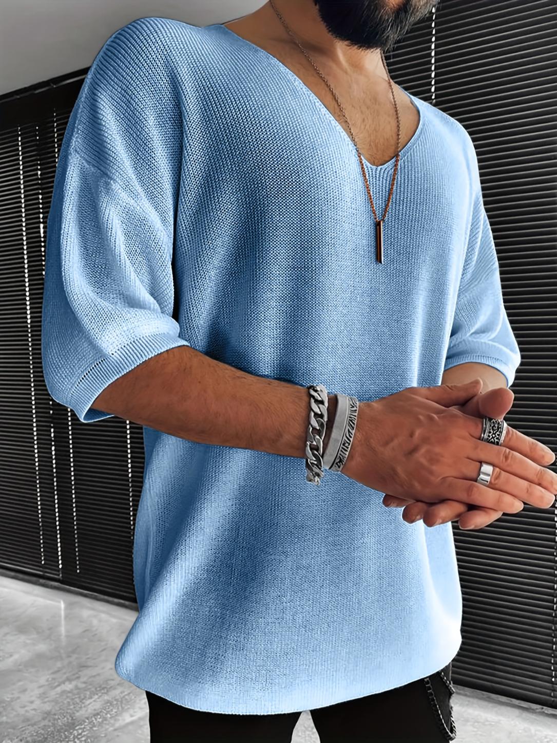 Men's Loose-Fit V-Neck Knit Short-Sleeve Pullover