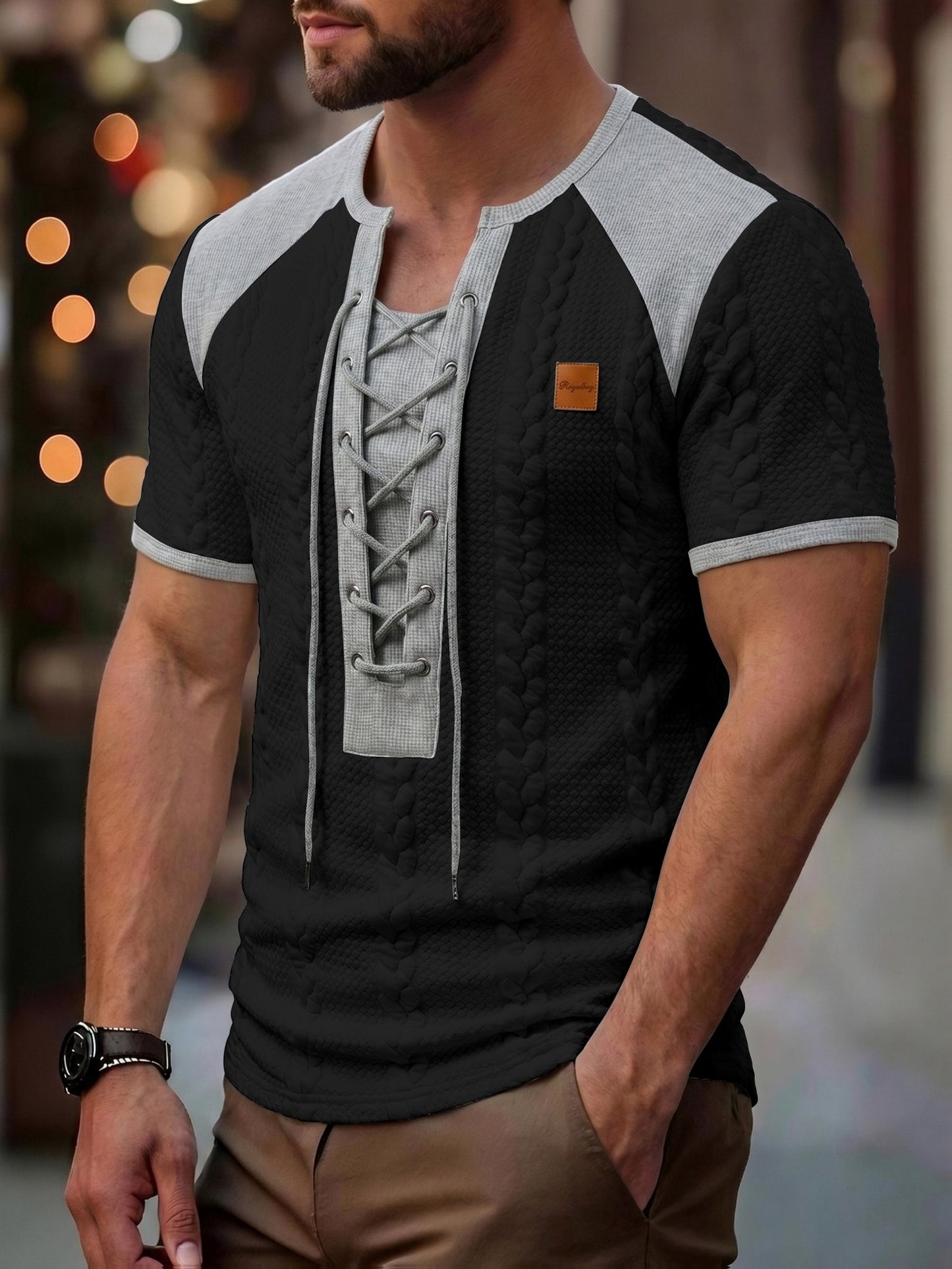 Men's Henley Summer Color-Block Henley Shirt - Soft Casual, Perforated Drawstring Collar