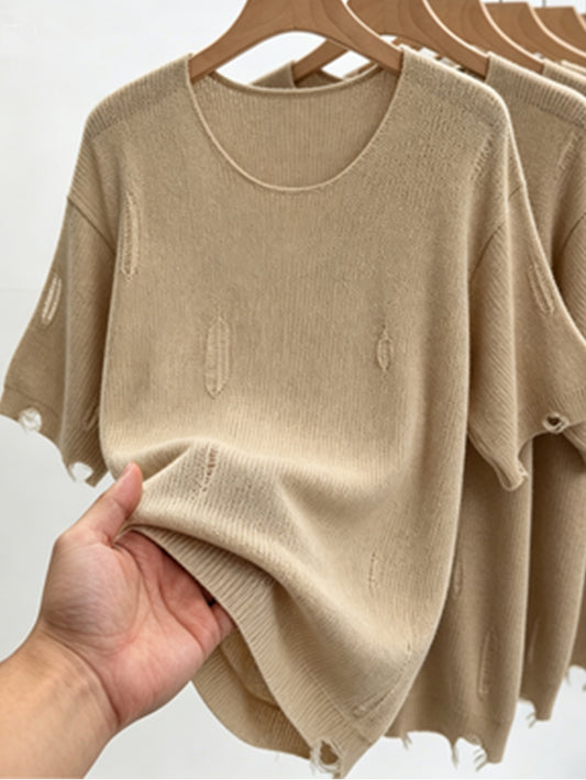2026 New Lazy Style Ripped Knit Top Loose Hollowed-Out Raw Edge Short-Sleeved Summer Breathable Cardigan