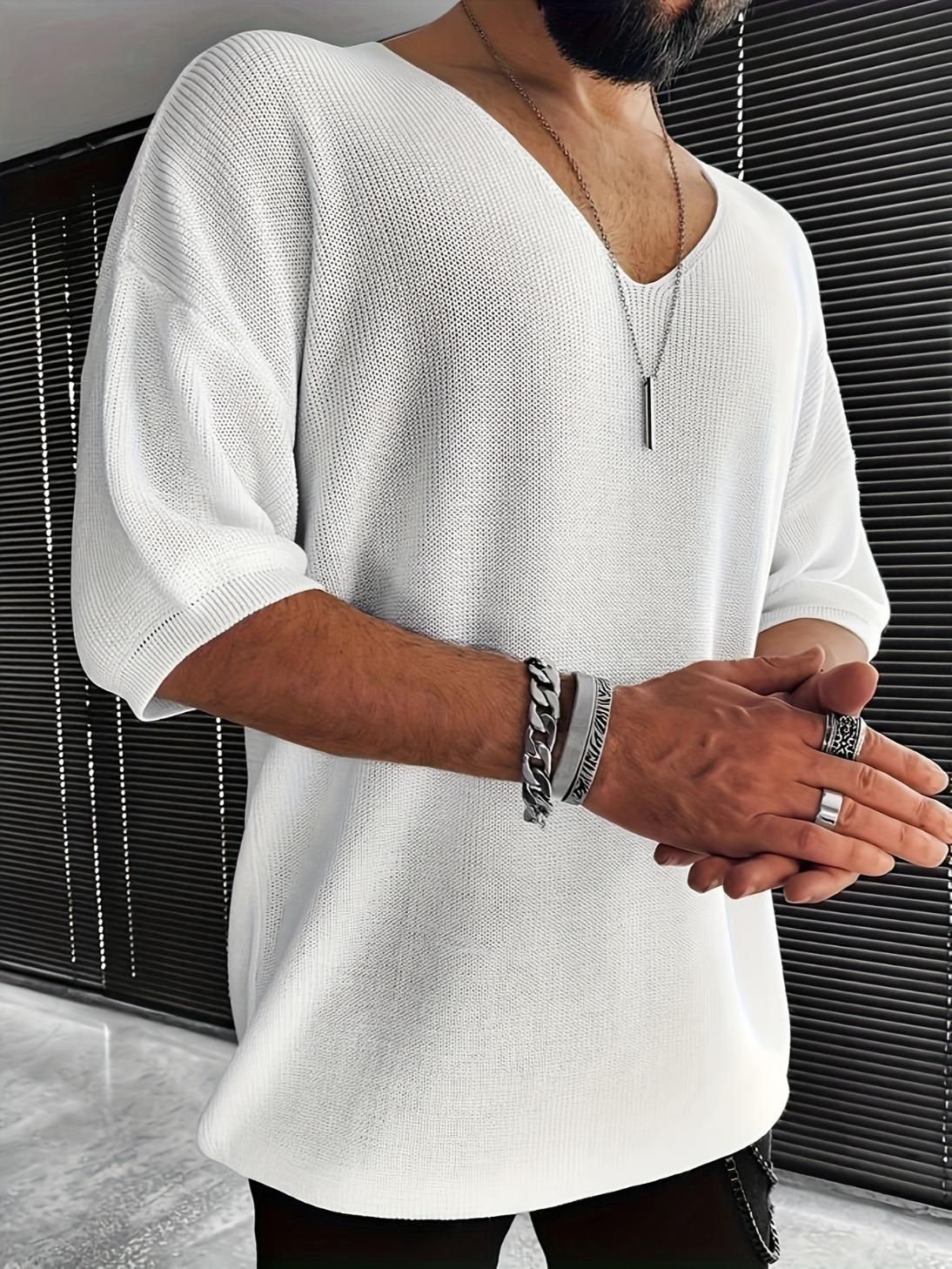 Men's Loose-Fit V-Neck Knit Short-Sleeve Pullover