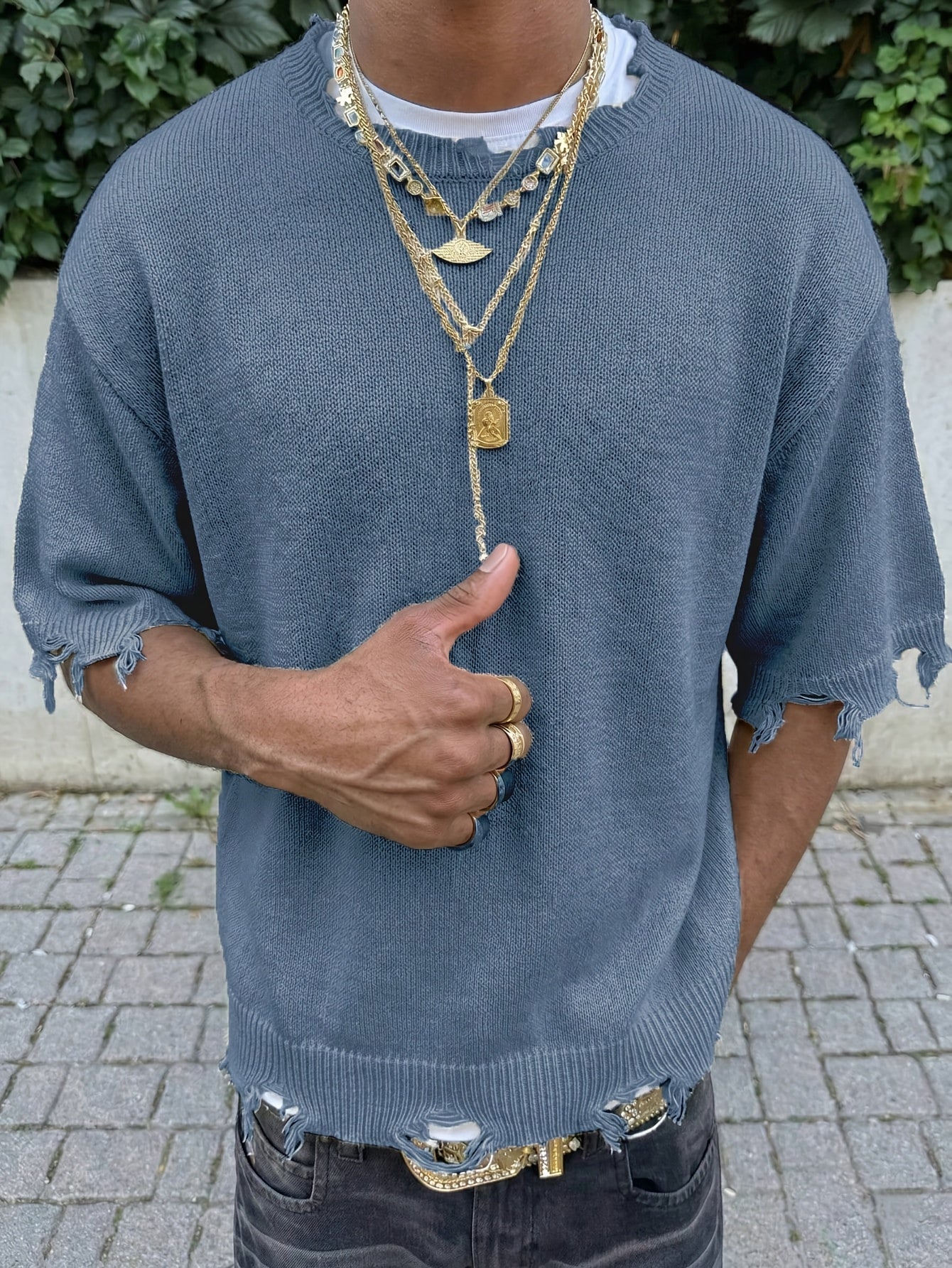 Men's Spring/Summer Minimalist Korean Style Ripped Fringe Breathable Loose Fit Knit Top