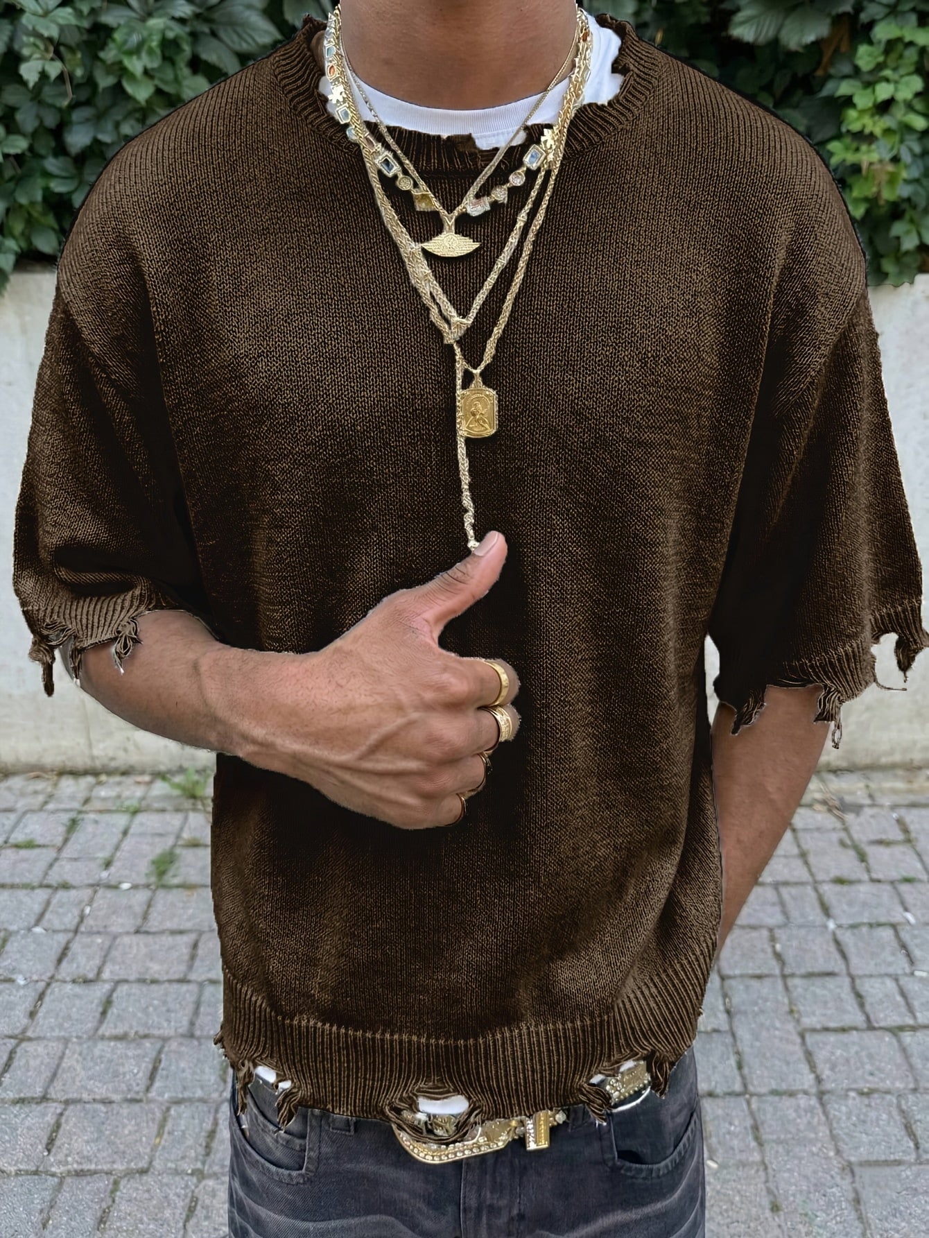 Men's Spring/Summer Minimalist Korean Style Ripped Fringe Breathable Loose Fit Knit Top