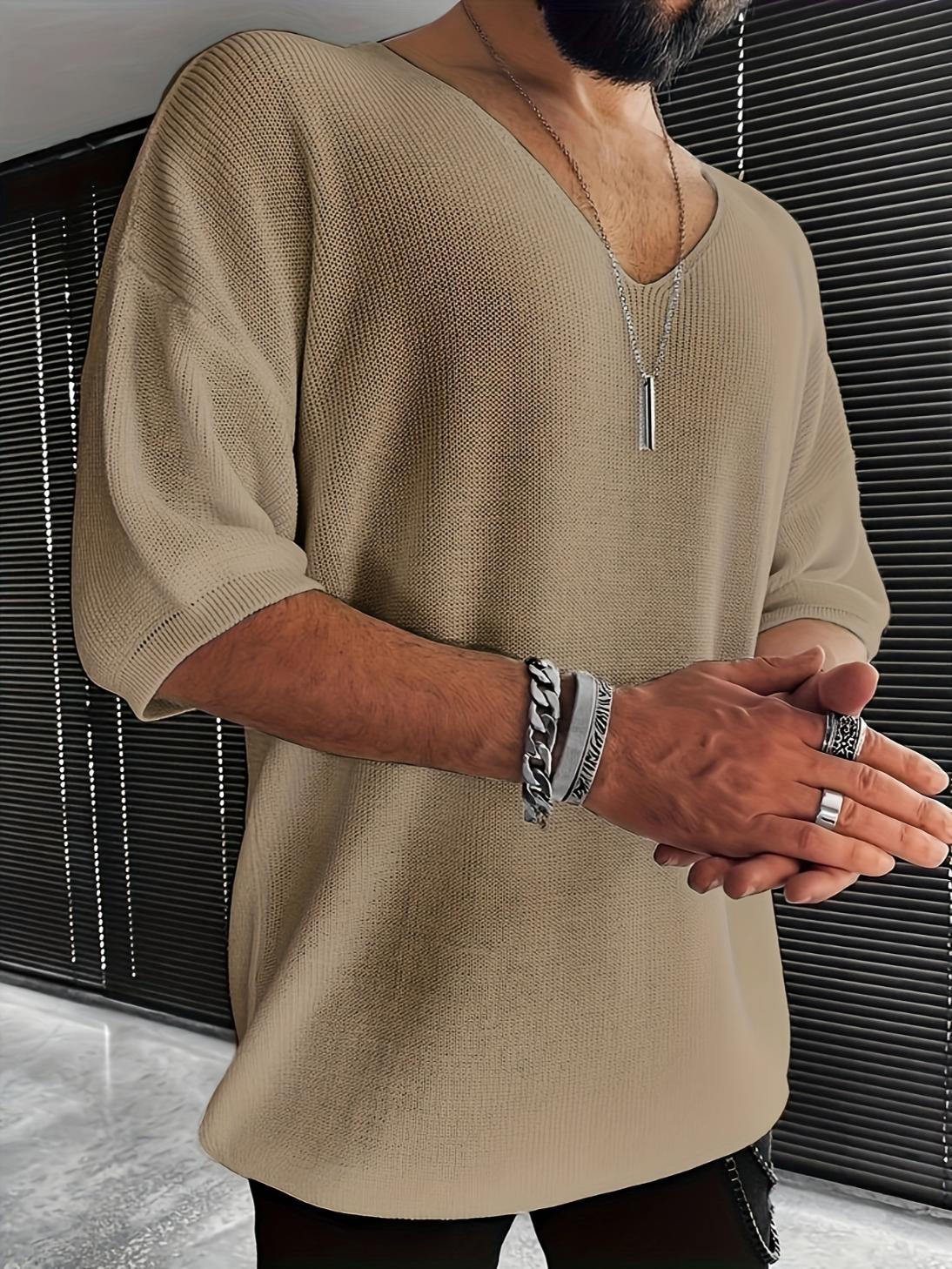 Men's Loose-Fit V-Neck Knit Short-Sleeve Pullover