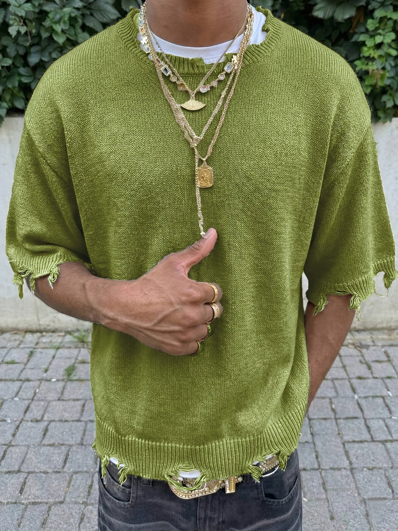 Men's Spring/Summer Minimalist Korean Style Ripped Fringe Breathable Loose Fit Knit Top