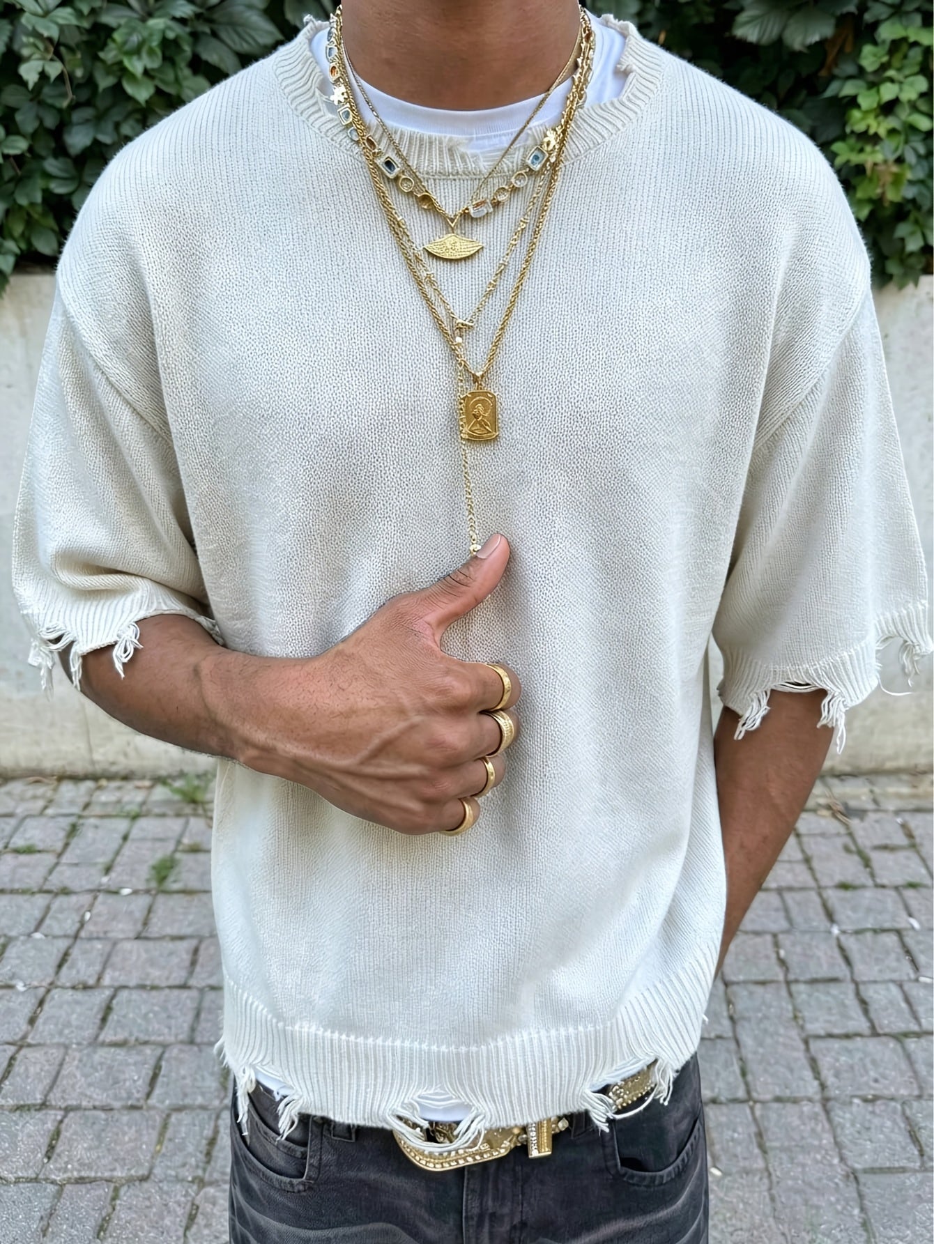 Men's Spring/Summer Minimalist Korean Style Ripped Fringe Breathable Loose Fit Knit Top