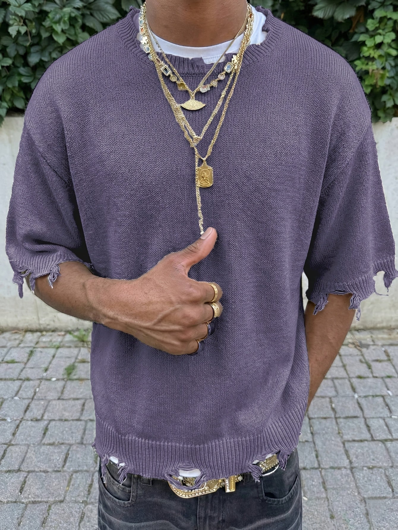 Men's Spring/Summer Minimalist Korean Style Ripped Fringe Breathable Loose Fit Knit Top