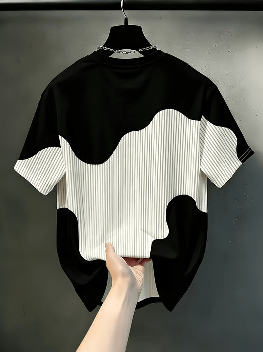 Men'S Casual Round Neck T-Shirt, Geometric Pattern Patchwork Striped Design, "Chicago" Word Pattern, Drapey Fashion Top, All-Season Wear, Breathable Regular Fit for Casual And Formal Outfits - Round Neck Casual Top, Comfortable Wear