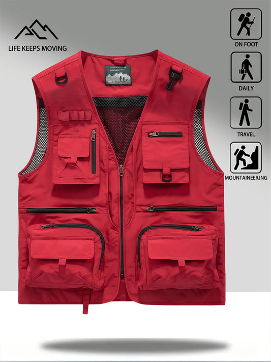 Summer Men's Fashion Zipper V-Neck Vest, Unisex Multi-Pocket Workwear Fishing Vest, New Mesh Quick-Dry Men's Casual Outdoor Photography Vest, Breathable Outdoor Leisure Travel Jacket