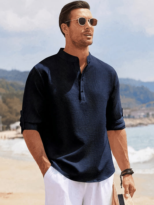 Long-sleeve Henley Shirt with Button- Collar, Striped and Plaid Design, Ribbed Cuffs with Woven Tape, Casual, Comfortable, and Soft Fabric for Daily Wear. Features Breathable Rolled Sleeves, Perfect for Summer Beach Vacations. A Stylish Men's Fashion