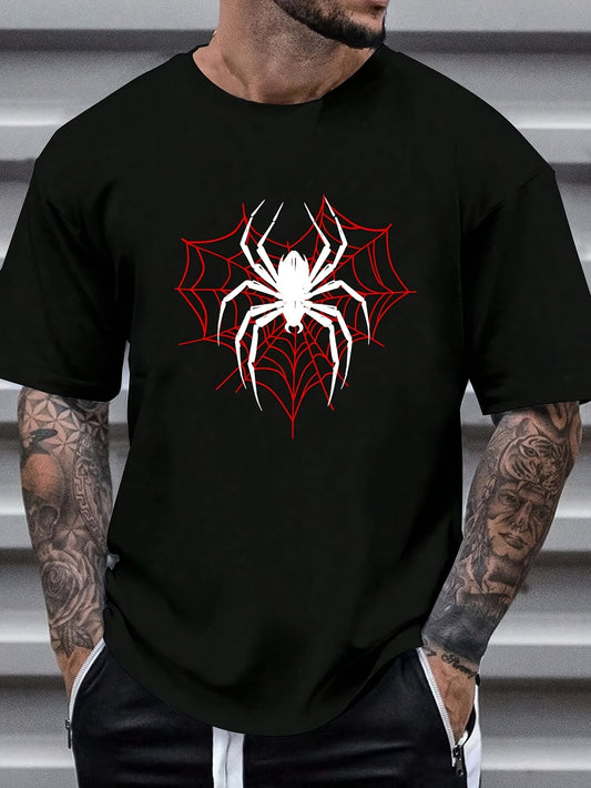 Men's 180g Heavyweight 100% Cotton T-Shirt with Red Spider Web & Black Spider Graphic Print - Casual Round Neck Short Sleeve Summer Tee for Halloween, Themed Events & Casual Attire - Breathable & Machine Washable, PLUS SIZE