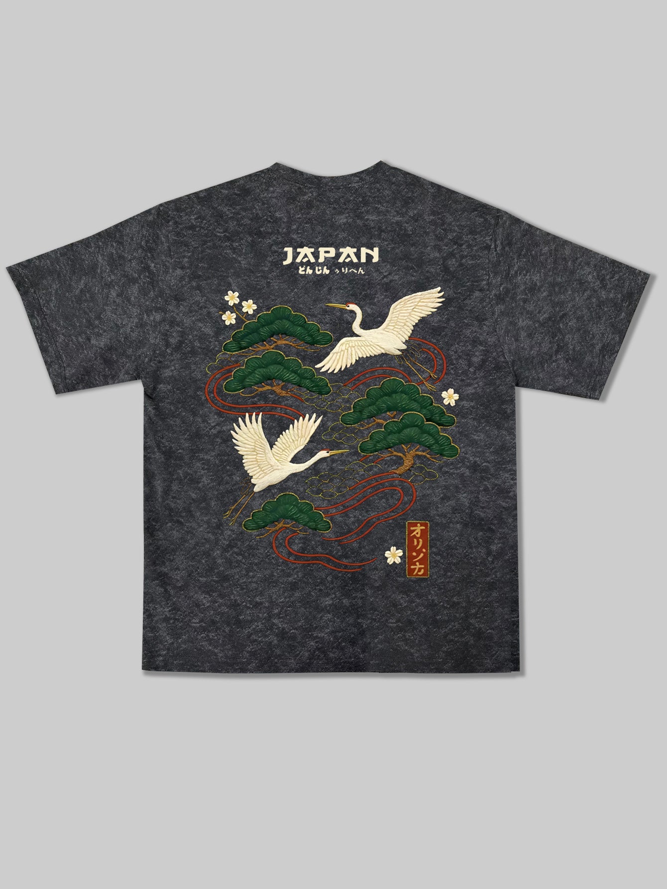 American Sporty Style Trendy Men's Japanese-Inspired National Chic Printed Short Sleeve Shirt, Distressed Washed Finish + Exquisite Crane and Pine Tree Pattern, Crisp Wrinkle-Resistant and Wear-Resistant Fabric, Slimming Shoulder-Defining Design