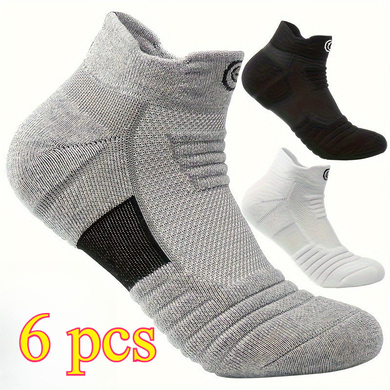 6pcs/3pairs Men's Towel Bottom Sports Socks - Comfortable and Breathable Spring, Summer, and Autumn Sports Socks, Anti Slip Sweat Absorbing Running Marathon Outdoor Sports and Leisure Socks, Sweat Absorbing and Moisture Wicking, High Elasticity and Q