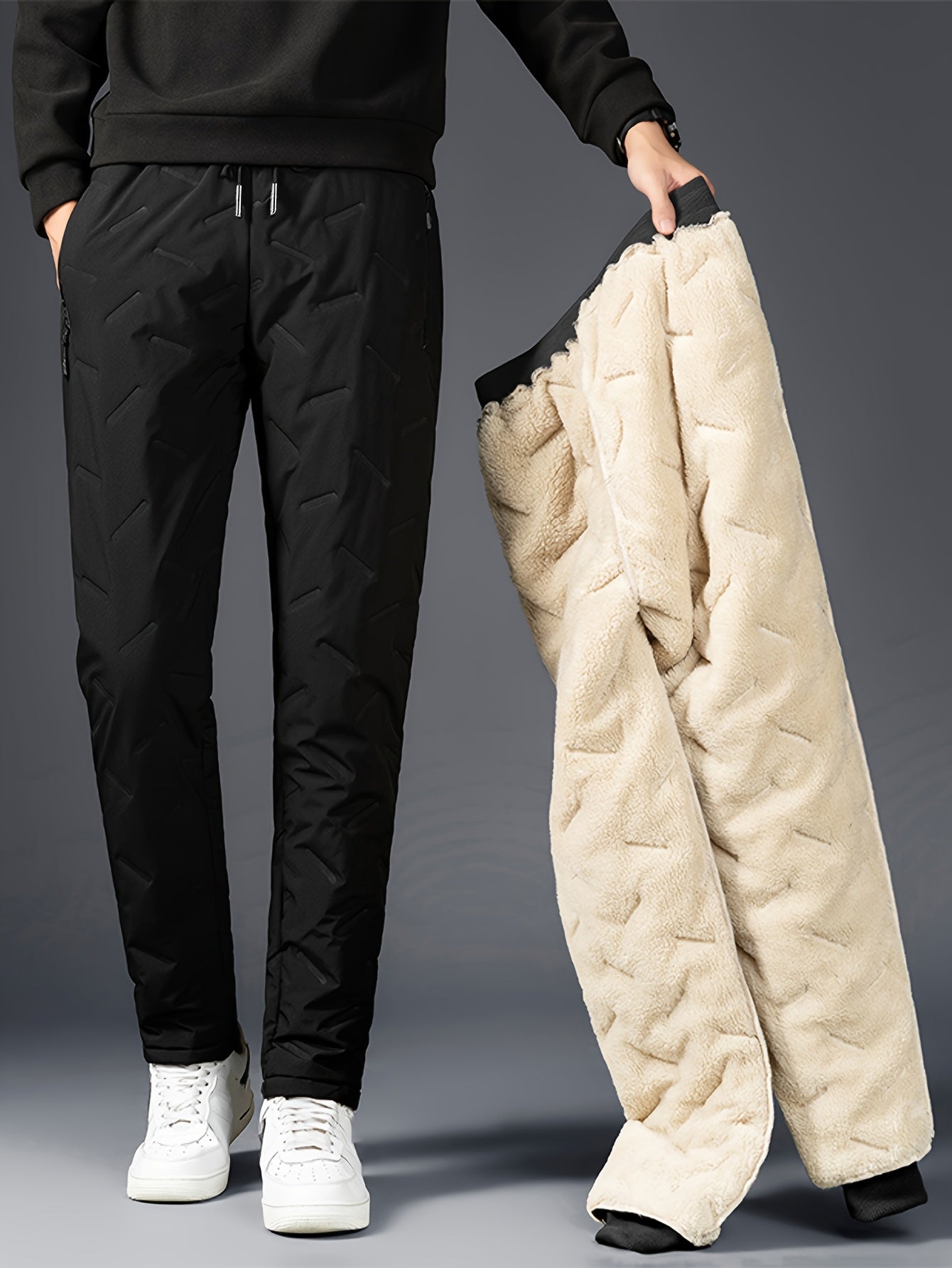Winter Thickened Warm Polar Fleece Black Straight-Leg Pants, Single Piece