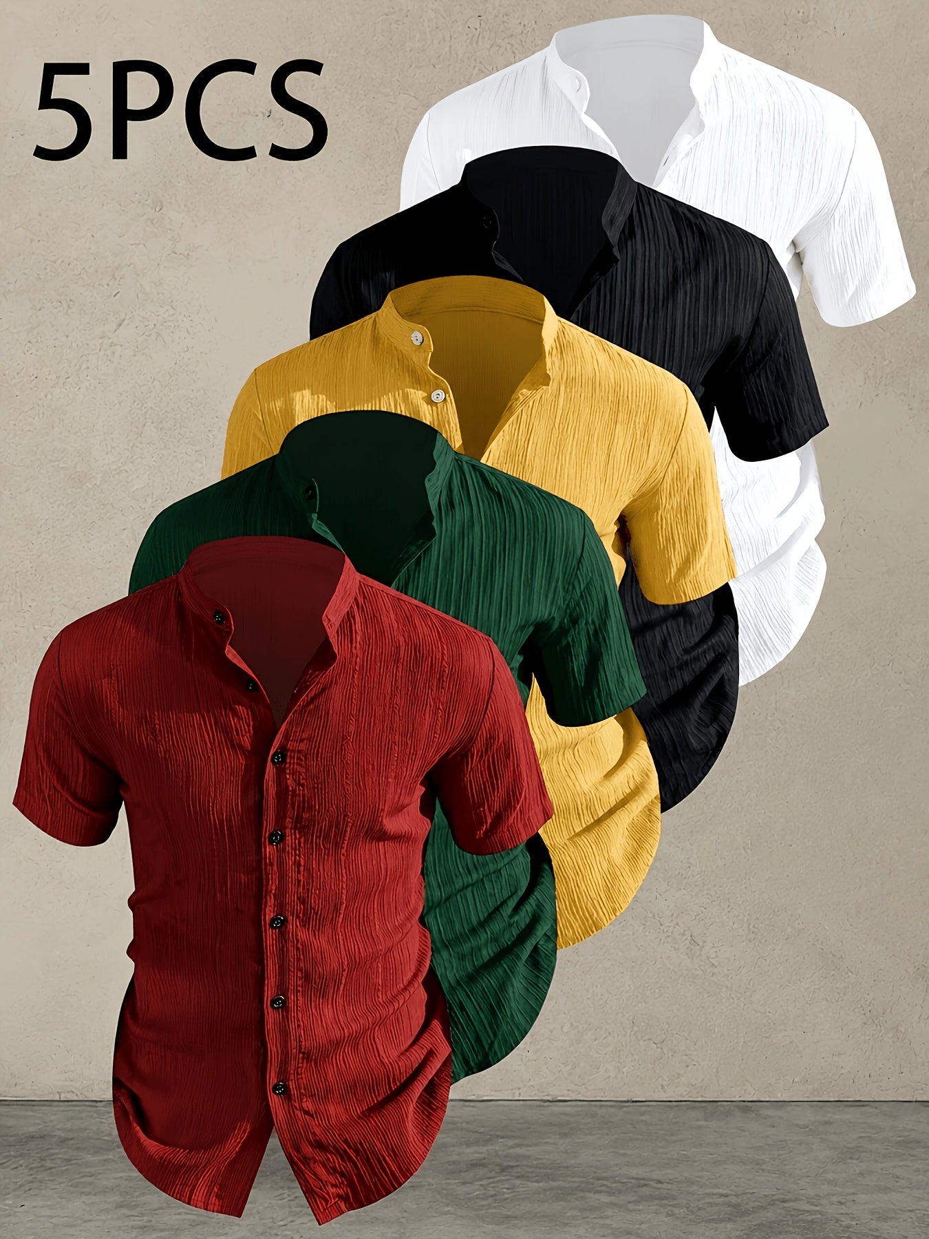 5pcs, Set of Five, Men's Summer Lightweight Stand Collar Short-Sleeve Shirts, Solid Color with a Premium, Niche Design, Casual Shirts, Easy Care, Machine Washable